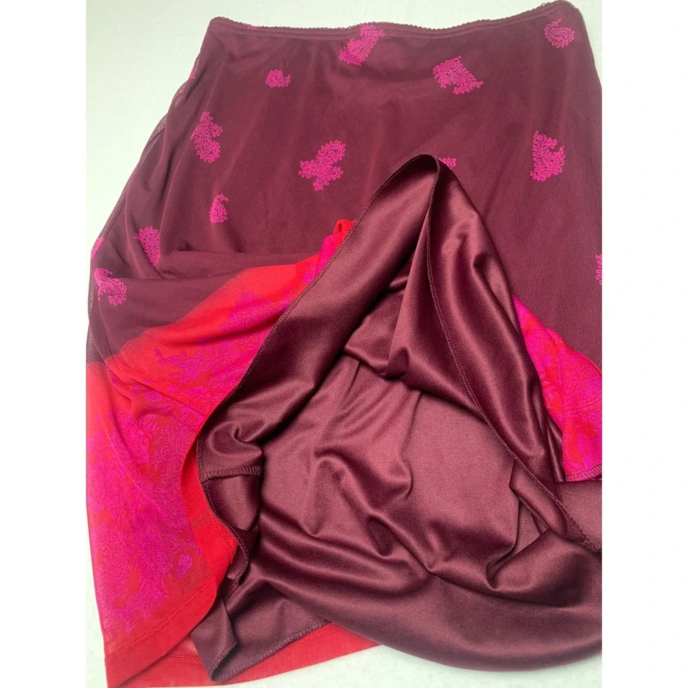 Y2K Express World Brand Burgundy Red Paisley Mesh Ombre Midi‎ Skirt Fairycore